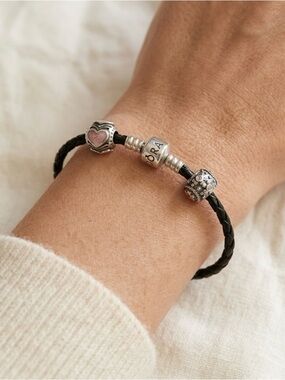 Pandora Braided Leather Charm Bracelet Boho Black Sterling Silver 2 Charms
